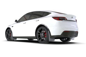 Tesla Model Y Mud Flaps - Rally Armor - UR White Flap/Black Logo - White - `20-`26 Tesla Model Y Mud Flaps - Rally Armor - UR White Flap/Black Logo - White - `20-`26